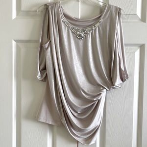 💋SALE💋Jennifer Lopes Asymmetric Taupe Underlined Stone Beaded Blouse, Size M.